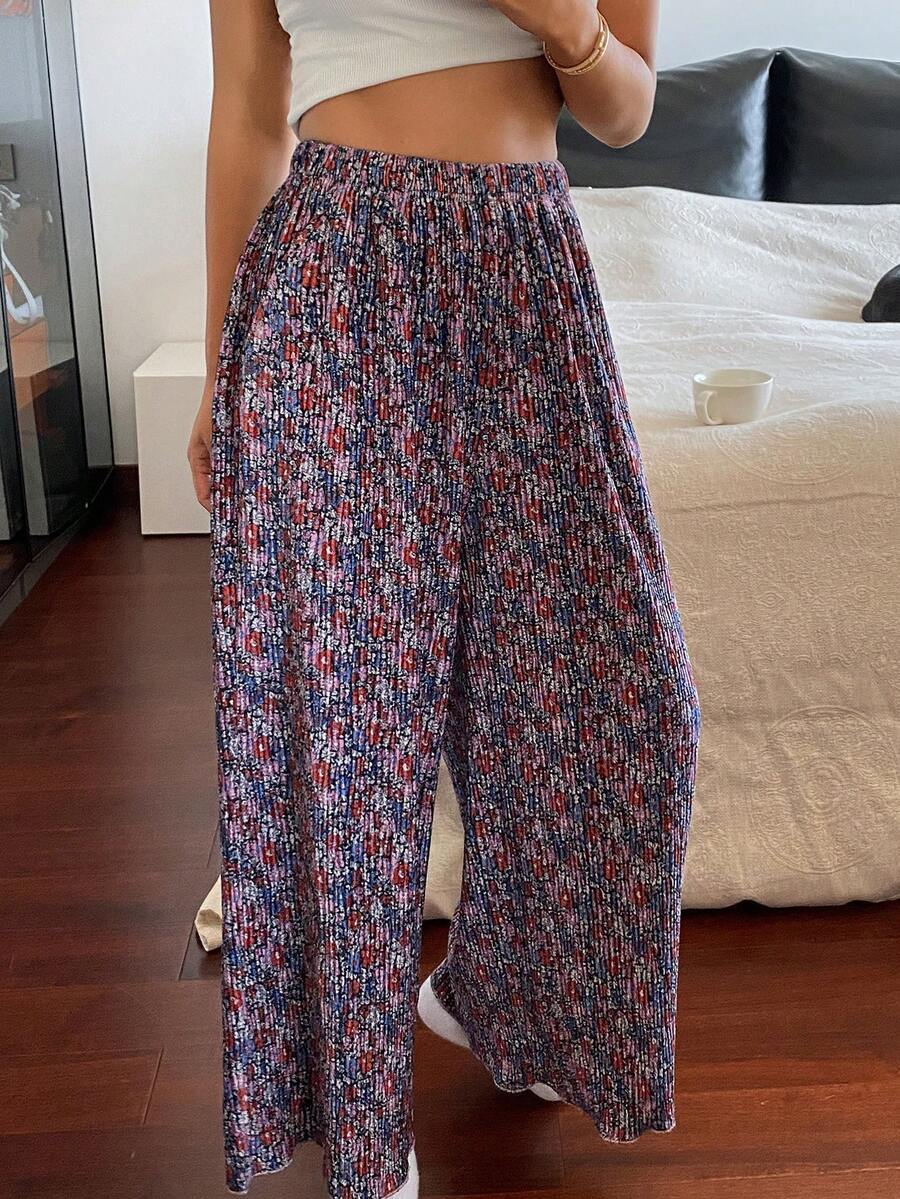 DAZY 碎花褶皱宽松女士睡裤 - 黑色 - 查看 1