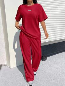 SHEIN EZwear Women's Textured Casual Loose T-Shirt And Pants Set - Red - View 5