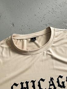 Men's Casual Slogan Print T-Shirt And Shorts Set, Summer Outfit Men Two Pieces Outfits Short Set - Apricot - View 5