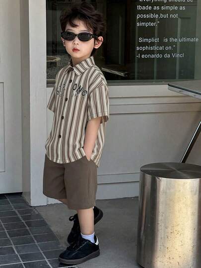 DAZY 男童短袖落肩纽扣前襟休闲舒适衬衫套装