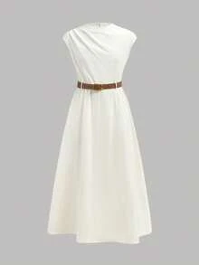 Firerie Kids Firerie Kids NovaGlow 少女休闲时尚通勤立领荷叶边腰身卡其色A字连衣裙 - 白色 - 查看 5