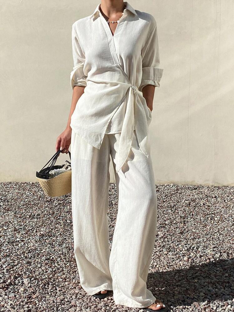 2pcs Women Casual Vacation Tie-Waist Loose Shirt Top And Straight Leg Pants Set, Spring/Summer