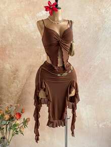 Soleia 两件套女士纯色扭结吊带背心和不对称下摆半身裙套装 - 咖啡棕 - 查看 6