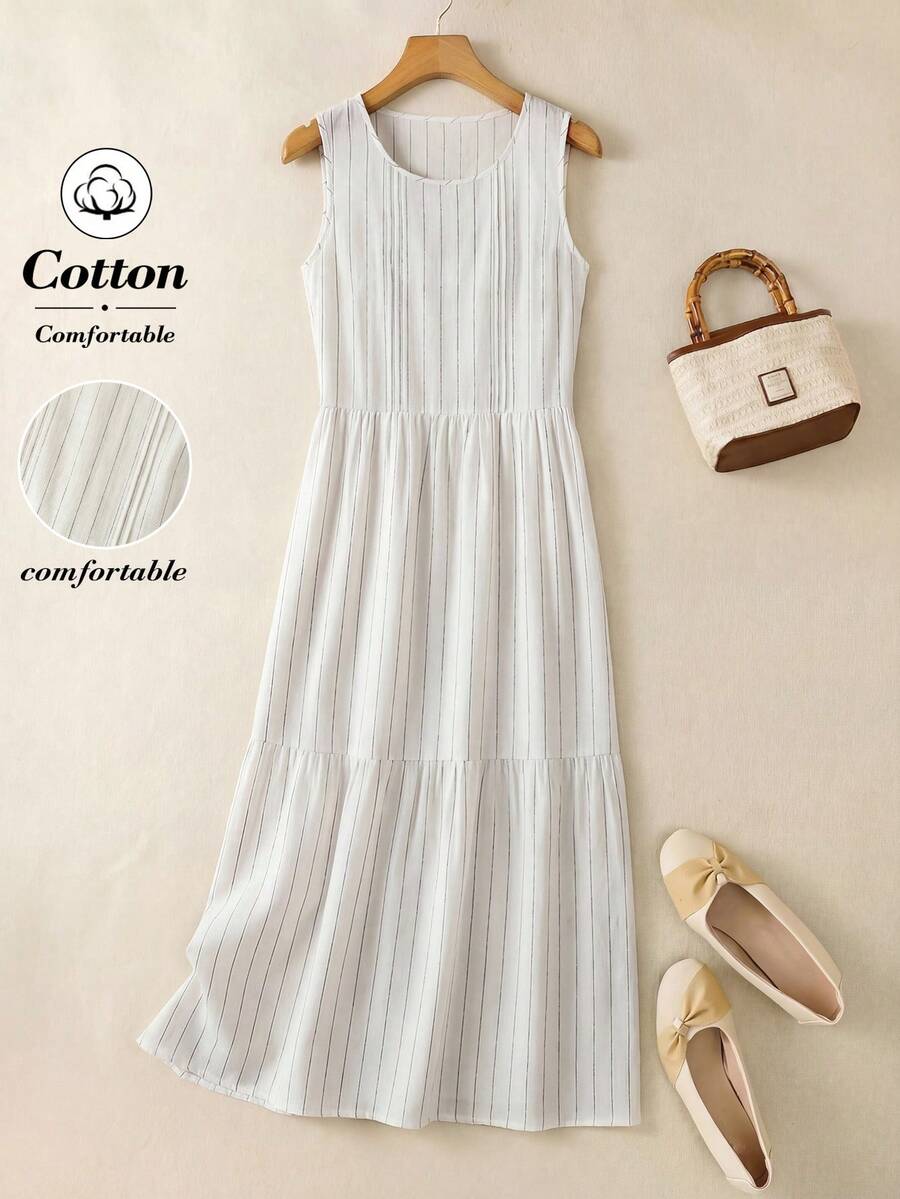 Rusticease 女士休闲条纹荷叶边圆领无袖连衣裙