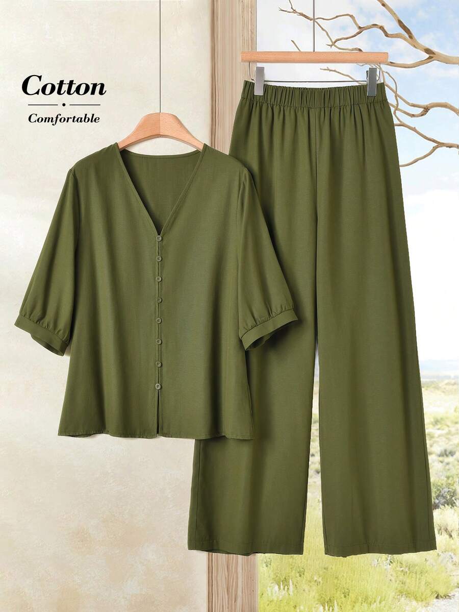 Rusticease 2pcs Women's Crew Neck Solid Sleeveless Top And Floral Print Pants Casual Vacation Outfit,Women Clothing Sets - Army Green - View 1