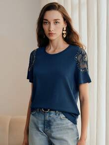 Anewsta Solid Color Round Neck Beaded Mesh Hollow Shoulder Design Short Sleeve Slim Fit Women T-Shirt - Navy Blue - View 6