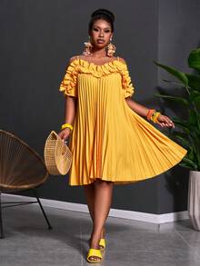 SHEIN CURVE+ Đầm nữ cỡ cực lớn mùa xuân/hè mới, thích hợp cho các dịp lễ hội âm nhạc, lễ Phục sinh, ngày Thánh Patrick, phong cách miền Tây, du mục, tiệc sinh nhật, lễ tốt nghiệp, phong cách đại học, sinh viên, thường ngày, đa năng cơ bản, thư giãn, du lịch tàu biển, bãi biển, tắm nắng, thịnh hành, thời trang đường phố, khách dự đám cưới, phong cách Bohemian, đi làm, ăn sáng muộn, tối giản cơ bản, thời trang đường phố Y2K sành điệu, bán chạy nhất, hẹn hò hàng ngày, trang phục sân bay. Đầm bé gái dáng chữ A không tay xếp nếp rộng rãi cỡ cực lớn - Màu vàng - Màu vàng - Xem 3