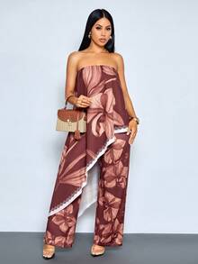SOLERSUN Bộ jumpsuit nữ dáng rộng, trễ vai, in hoa, chất liệu chiffon, hoàn hảo cho kỳ nghỉ, hẹn hò hoặc những buổi đi chơi thường ngày, trang phục thường nhật sang trọng. - Đỏ - Xem 4