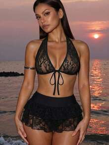 Swim SXY Bộ bikini 3 mảnh gợi cảm, bán chạy nhất năm 2026, gồm áo bikini cổ yếm buộc dây phía trước và chân váy mini ren buộc dây bên hông, thích hợp cho bãi biển, hồ bơi, tiệc tùng. Đồ bơi ren hai mảnh dành cho nữ, bộ bikini chân váy cạp cao. - màu đen - Xem 5