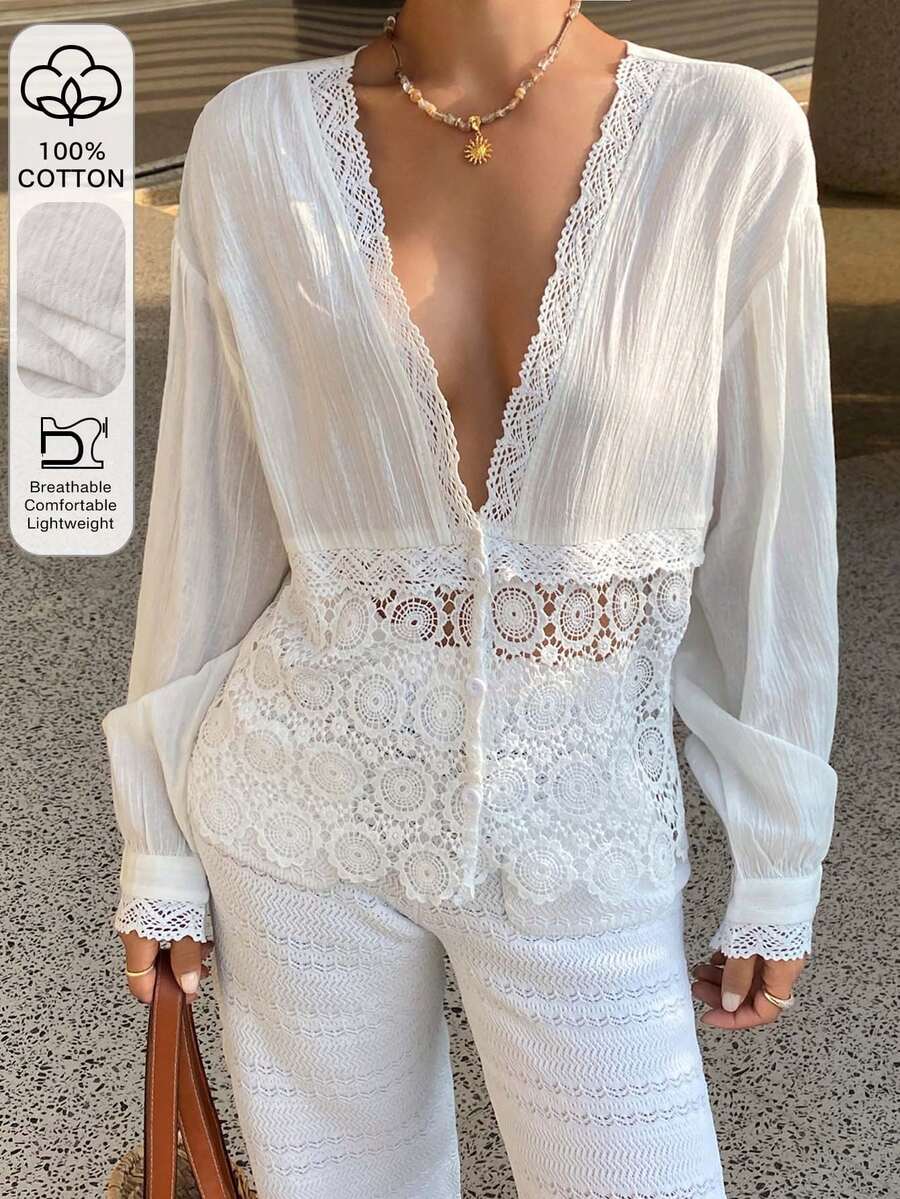 Livesso Áo kiểu nữ màu trắng dáng rộng, phối ren và cotton, phong cách thường ngày. - trắng - Xem 1