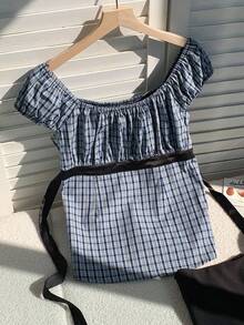 Comfortcana 女士休闲格子方领衬衫，夏季女装 - 藍色 - 查看 4