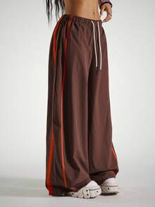 StreetHx 女士抽绳腰阔腿休闲宽松运动哈伦裤 - 咖啡棕 - 查看 3