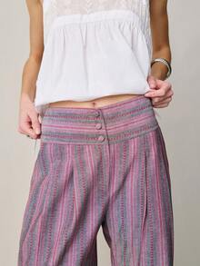 Nöista 条纹灯笼裤采用高腰设计，配有同色布料折叠纽扣、前口袋和可调节抽绳裤脚。适合春季、夏季休闲穿着，女士款。 - 粉色 - 查看 6