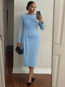 SHEIN Lady 秋冬季优雅通勤办公彩色针织立领喇叭中长长袖大码连衣裙 冬季女装 感恩节女装 冬季服装 长袖连衣裙 冬季连衣裙 优雅服装 秋季女装 黑色长袖连衣裙 秋季女装 秋季服装 曲线优雅女装 - 藍色 - 查看 6