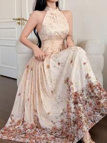 DAZY Women's Elegant Floral Print Sleeveless Dress With Stand Collar, Summer Wedding Guest Dress Sundress - Gold - View 1