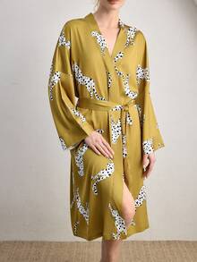 Ocili 女士豹纹简约动物图案睡袍，舒适系带长款睡袍 - 芥末黃 - 查看 5