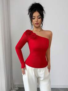 Rafferiza 斜肩长袖收腰纯色T恤，适合春、夏、秋、冬四季穿着，也适合约会、聚会、派对、万圣节、圣诞节、感恩节等场合，优雅休闲，通勤穿着。红色单袖上衣，单肩上衣，红色上衣，女士红色休闲上衣，女士红色上衣，玫瑰装饰红色上衣，红色不对称上衣，红色性感上衣。 - 紅色 - 查看 6