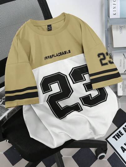 Manfinity Campus Court Men's Casual Fashion Street Sporty Numeric & Letter Print Contrast Stripe Loose Fit Breathable Mesh T-Shirt, Summer