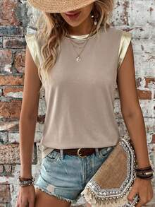 EMERY ROSE Khaki Gold Foil Collar Women's Round Neck Cap Sleeve Casual T-Shirt - Multicolor - View 5