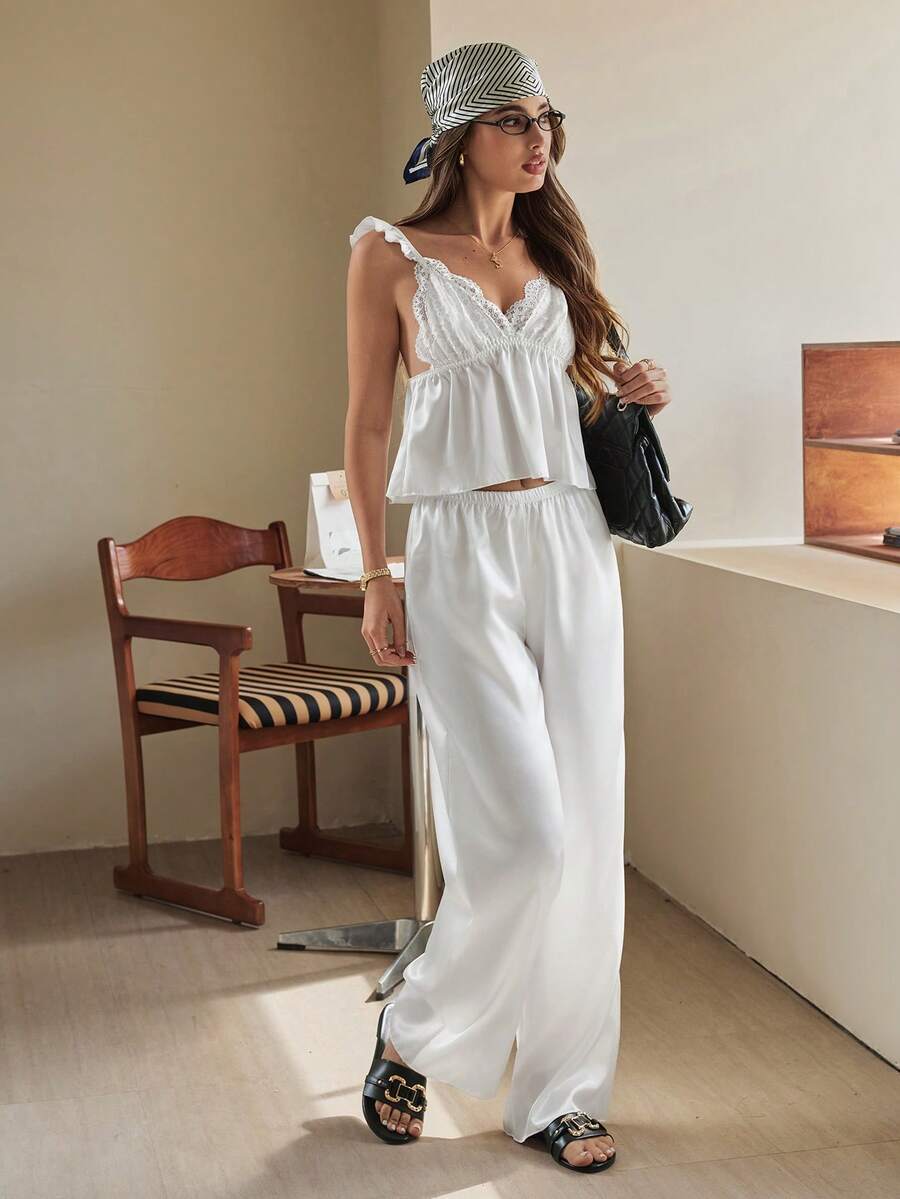 HautHeat 女士蕾丝拼接吊带睡衣套装，日常穿着 - 白色 - 查看 1