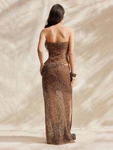 Easelle 女士不对称下摆露脐上衣和半身裙两件套，时尚百搭，适合约会和外出穿着 - 棕色 - 查看 2