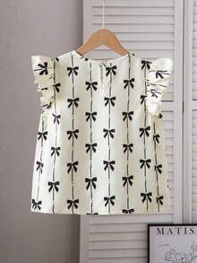 SHEIN Tween Girl Round Neck Bow Print Pleated Casual Versatile Daily Wear Cap Sleeve Blouse - Apricot - View 2