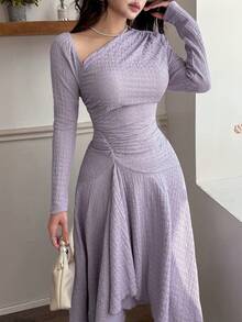 Feyla 女士时尚不对称下摆斜肩收腰长裙 - 紫色 - 查看 4