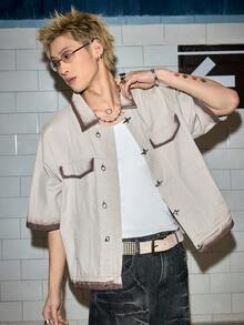 ROMWE MEN Grunge Punk Men's Spray-Dyed Brown Casual Denim Shirt With Metal Buttons - Brown - View 6