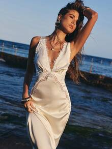 Opulessa 纯色V领露肩优雅连衣裙，适合女士，春夏款 - 米色 - 查看 1