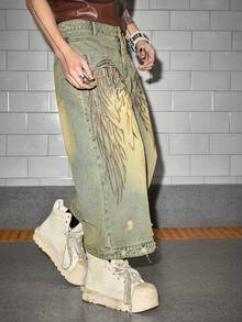 ROMWE MEN Street Life Men's Wing Embroidery Distressed Loose Fit Denim Shorts - Black - View 5