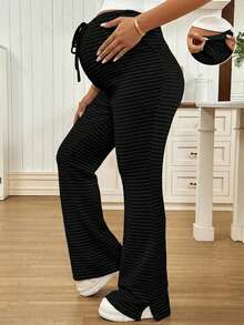 SHEIN Maternity Casual Everyday Commute Solid Color Textured Fabric Adjustable Drawstring Waist Flare Pants - Black - View 7