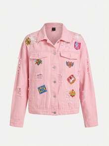 LOTSLUV Women's Pink Washed Distressed Denim Jacket With Cute Cartoon Patches - Pink - View 3