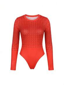 LOTSLUV Women's Red Ombre Heart Print Crew Neck Long Sleeve Bodysuit - Red - View 1