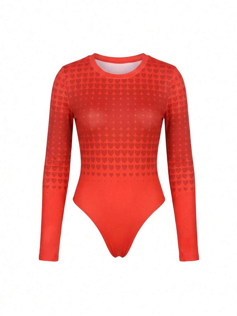 LOTSLUV Women's Red Ombre Heart Print Crew Neck Long Sleeve Bodysuit - Red - View 1
