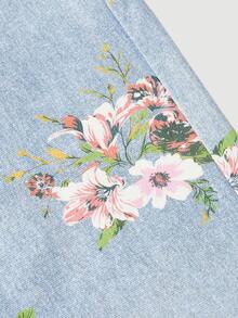 Sweetra 女士时尚休闲印花阔腿直筒九分牛仔裤 - 淺色水洗藍 - 查看 4