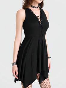 Breakform 女士哥特式性感深V领金属孔眼系带不对称下摆修身吊带迷你连衣裙 - 黑色 - 查看 6