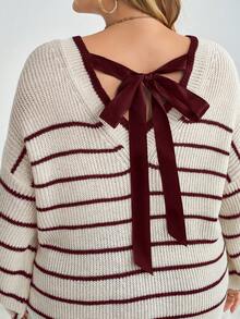 SHEIN CURVE+ Plus Size Bowknot Back Sweater, Striped Pattern Pullover Autumn Winter Clothes For Women - Burgundy - View 3