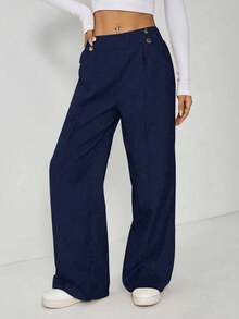 SHEIN EZwear 大码优雅休闲金属双扣直筒办公裤，秋冬款 - 藏蓝色 - 查看 6