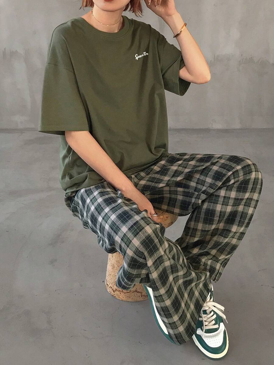 FRIFUL Women's Green Letter Print Short Sleeve T-Shirt And Plaid Loose Casual Pants 2-Piece Set - Green - View 1