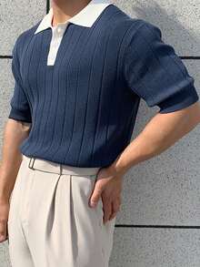 DAZY Polo de manga corta de punto con cuello de parche azul y blanco para hombre, verano - Multicolor - Ver 3