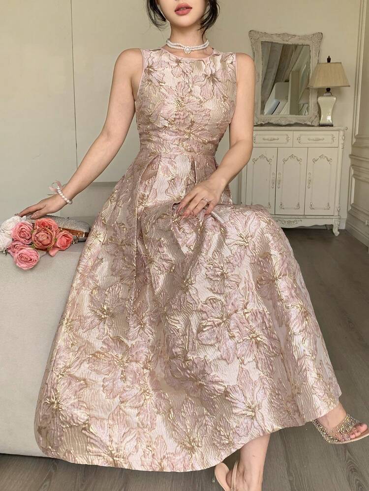 Women's Elegant Floral Textured Sleeveless Midi Dress, Summer Wedding Guest Dress Sundress