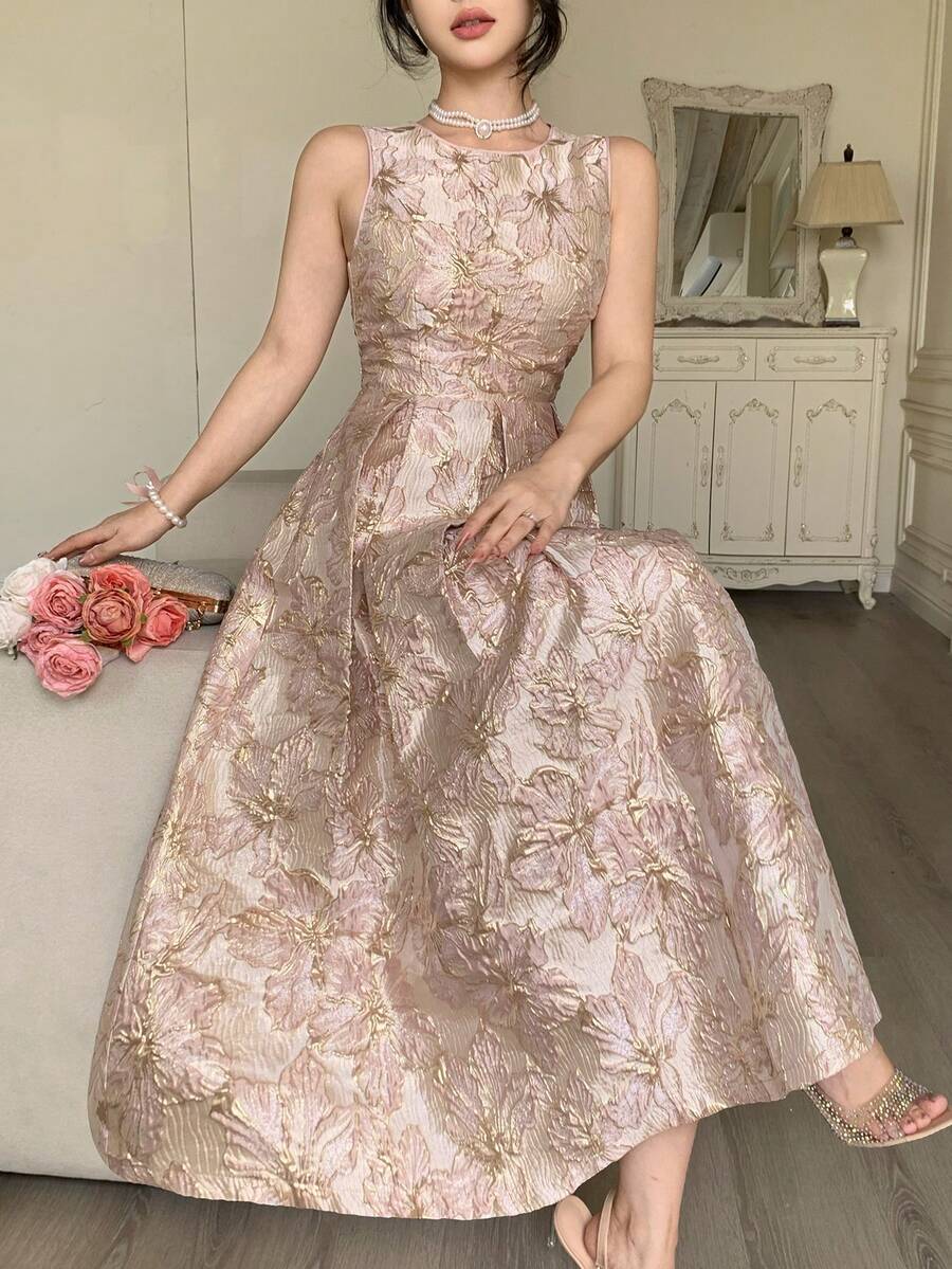 DAZY 女士优雅印花无袖中长连衣裙，夏季婚礼宾客礼服 - 粉色 - 查看 1