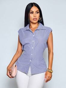 SOLERSUN Women's Vintage Blue & White Striped Collar Sleeveless Backless Tie Waist Casual Sexy Blouse, Y2K Sexy Backless Striped Blouse Sleeveless Tie Waist Club Party Shirt, Beach Vacation Striped Backless Blouse Sleeveless Tie Waist Loose Casual Summer Shirt (Random Floral) - Royal Blue - View 6