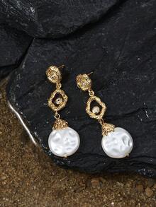 Opalesca Pendientes de aro con textura martillada, cuentas de vidrio vintage irregulares chapados en oro de 14K, accesorios para bodas y novias, estilo fairycore/hada, perla, para mamá/mujer/niña, elegante, premium, con flores, cristales, oro, Pascua, viaje/playa/vacaciones, bohemio - Dorado - Ver 3