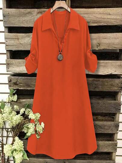 SHEIN Tall CURVE Plus Size Women's French Casual Summer Short Sleeve V-Neck Dress Orange Dress Burnt Orange Dress Collared Dress Orange Tunic Dress Solid Color Dress Plus Size Orange Dress