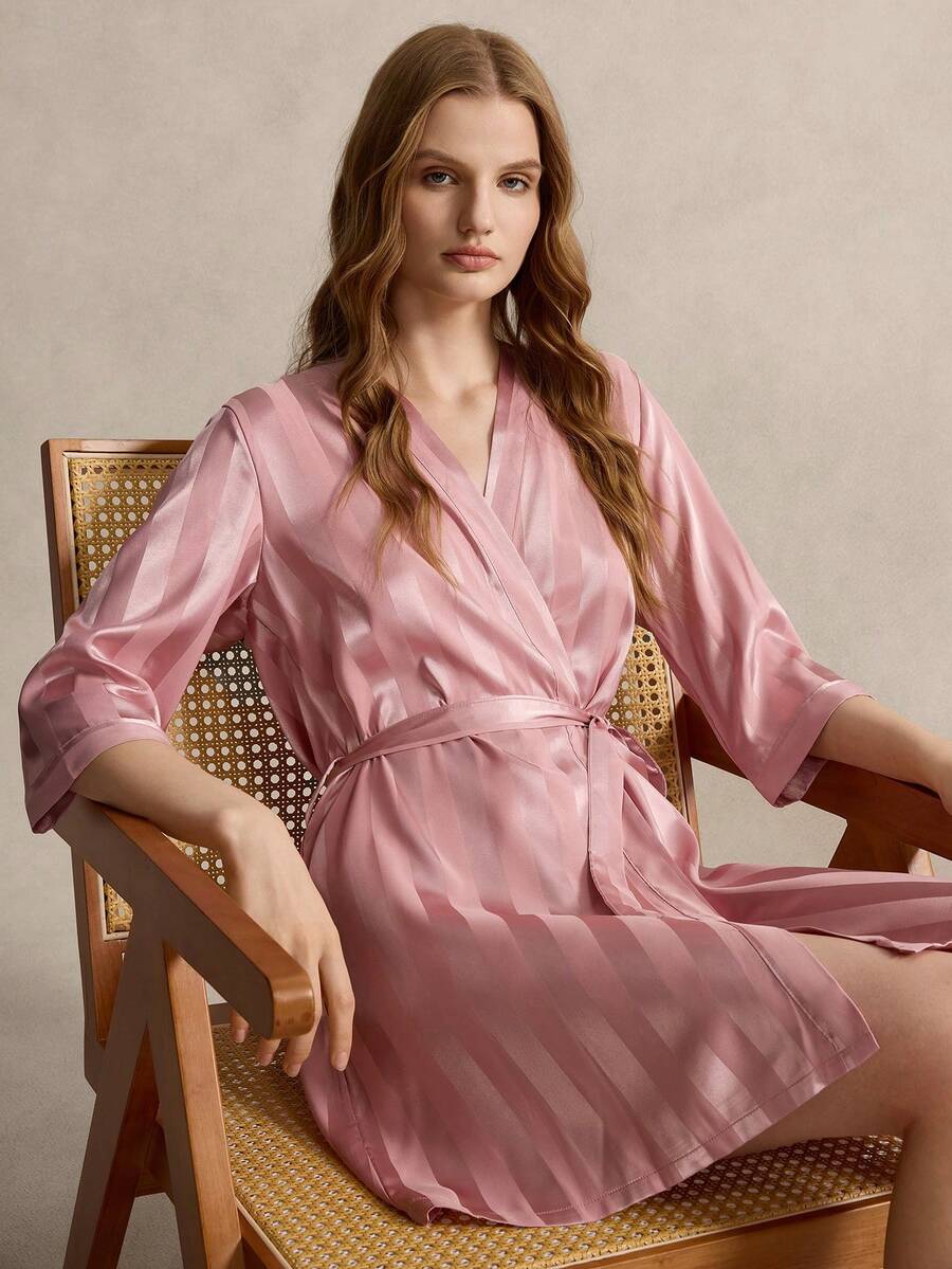 Women's Striped Casual Comfortable Breathable Loungewear Robe - Pink - View 1