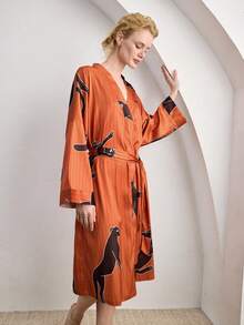 Ocili Silky Satin Animal Leopard Print Loose Belted Long Robe, Comfortable Women Sleepwear - Coral Orange - View 4