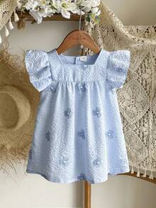 SHEIN 女婴夏季绿色格子短袖迷你连衣裙，田园风格，清新图案，轻盈廓形，适合户外、休闲和派对场合。 - 藍色 - 查看 4