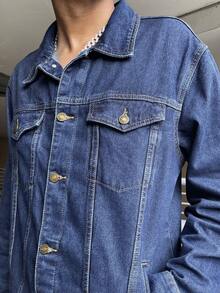 Ngobest Haus Ngobest Haus Men's New Front Button Long Sleeve Pocket Casual Simple Versatile Denim Jacket, For Fall - Dark Wash - View 3