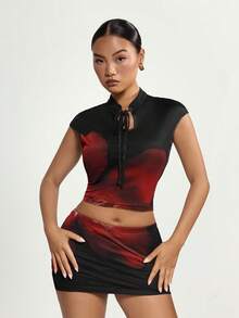 SHEIN ICON 中国风复古碎花镂空领女式T恤 - 黑色 - 查看 3